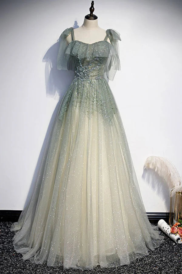 Green Shiny Tulle Long Formal Evening Dress A-Line Graduation Dress